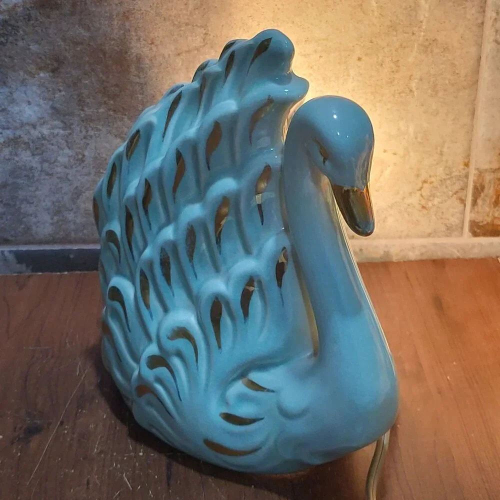 Vintage Gilded Blue Swan TV Lamp Night Light Ceramic